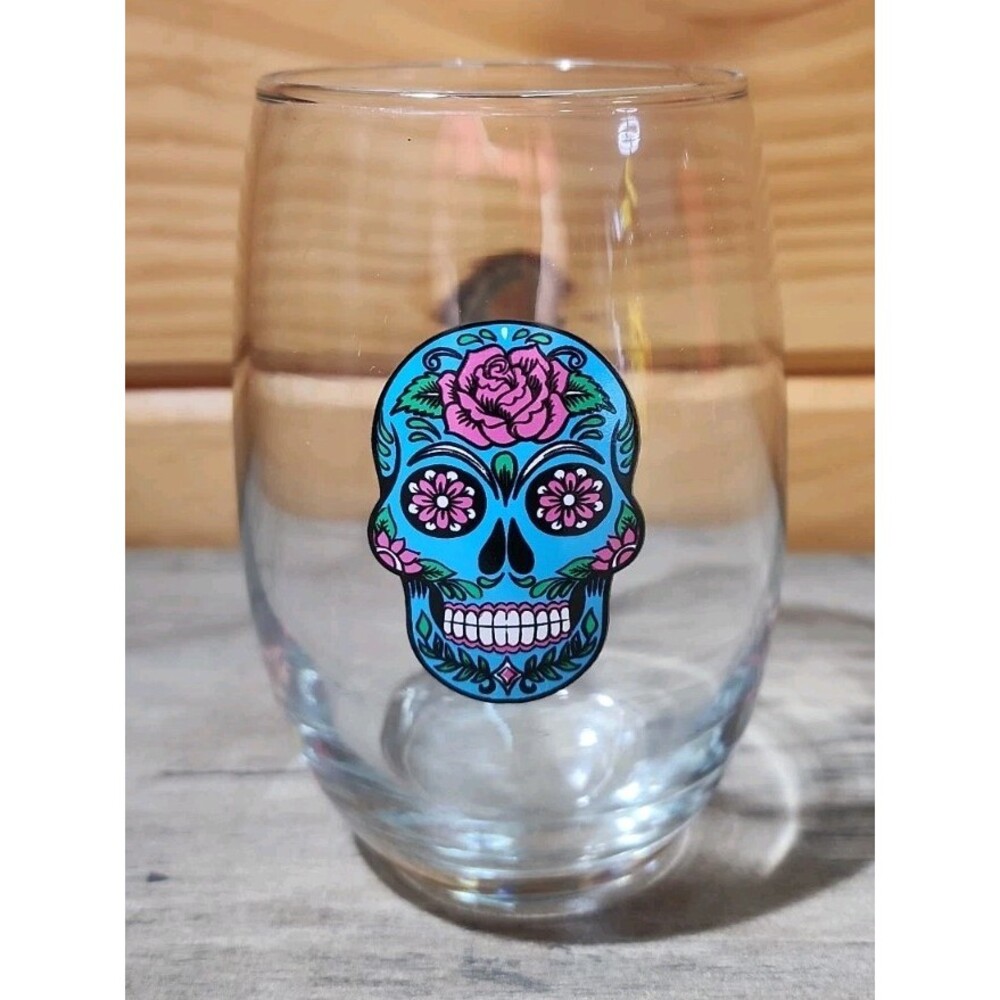 Sugar Skull Wine Glass 5" Stemless Clear Multicolor Day of the Dead Halloween